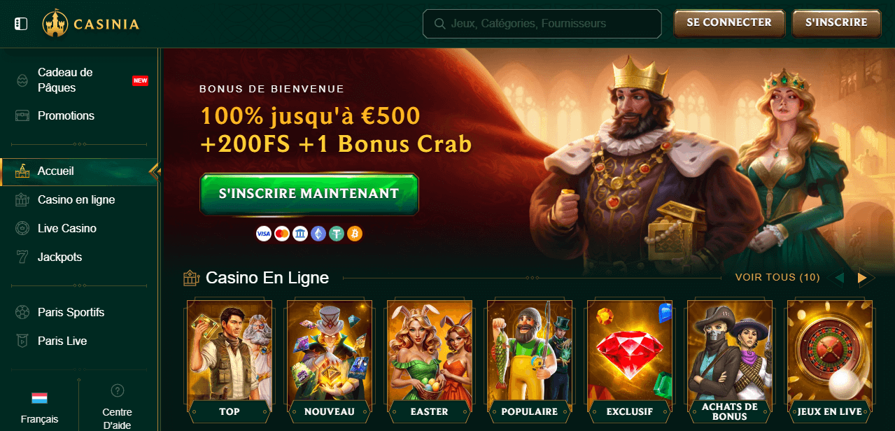 Page d'accueil de Casinia Casino